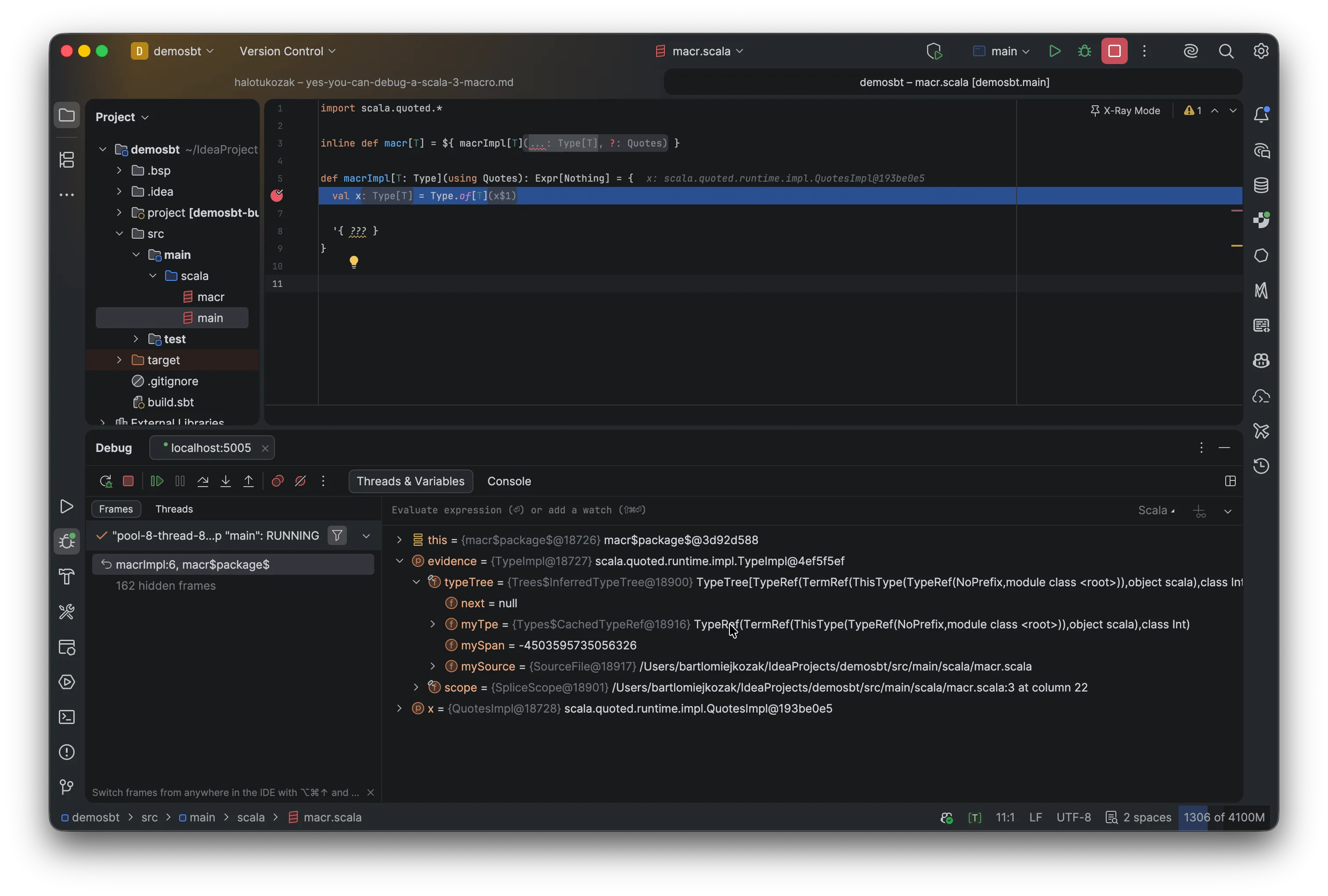 IntelliJ IDEA Remote JVM Debug configuration attached to the Scala compiler on port 5005