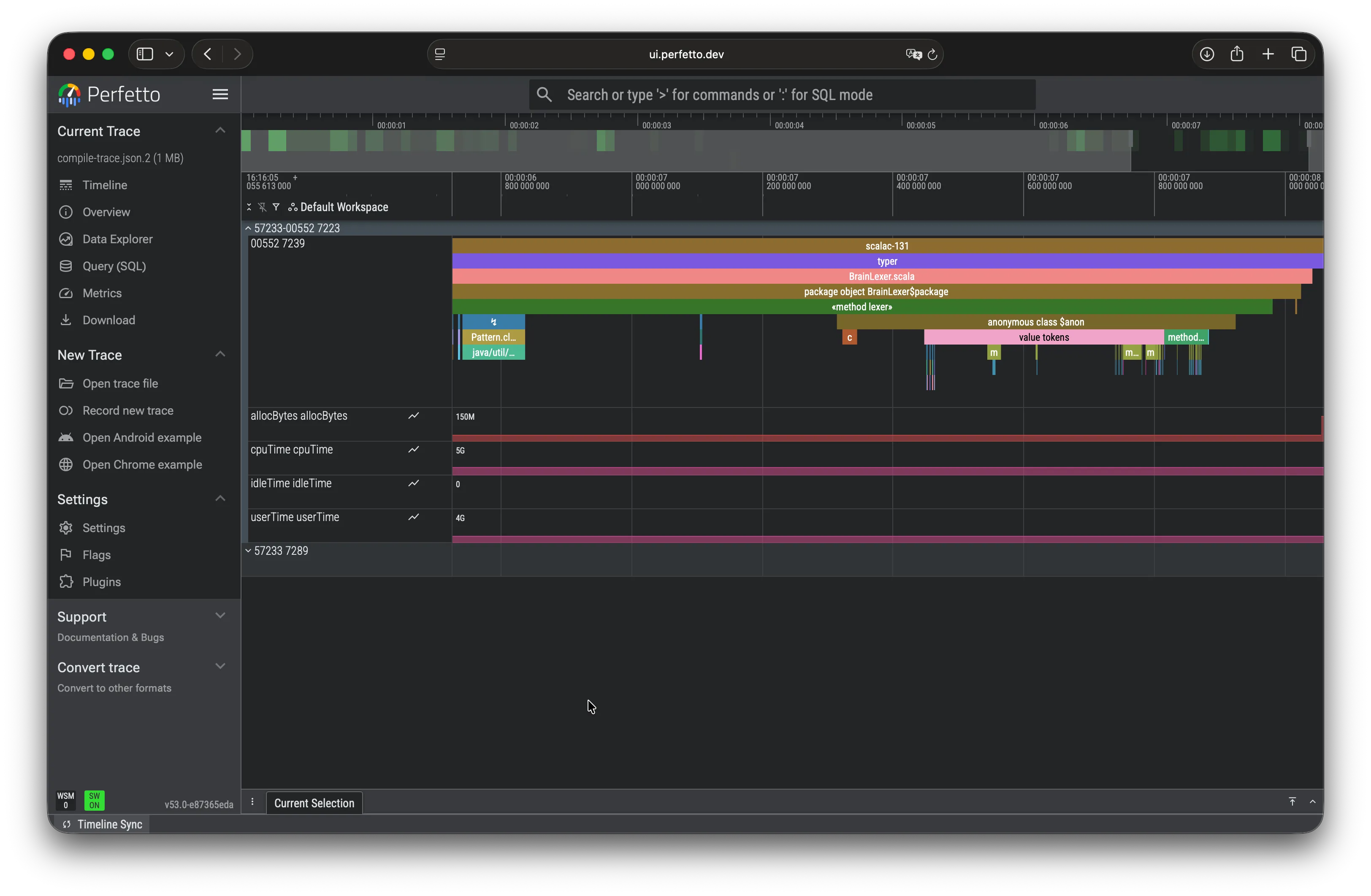 Perfetto showing a compile-time profile trace of a Scala 3 macro