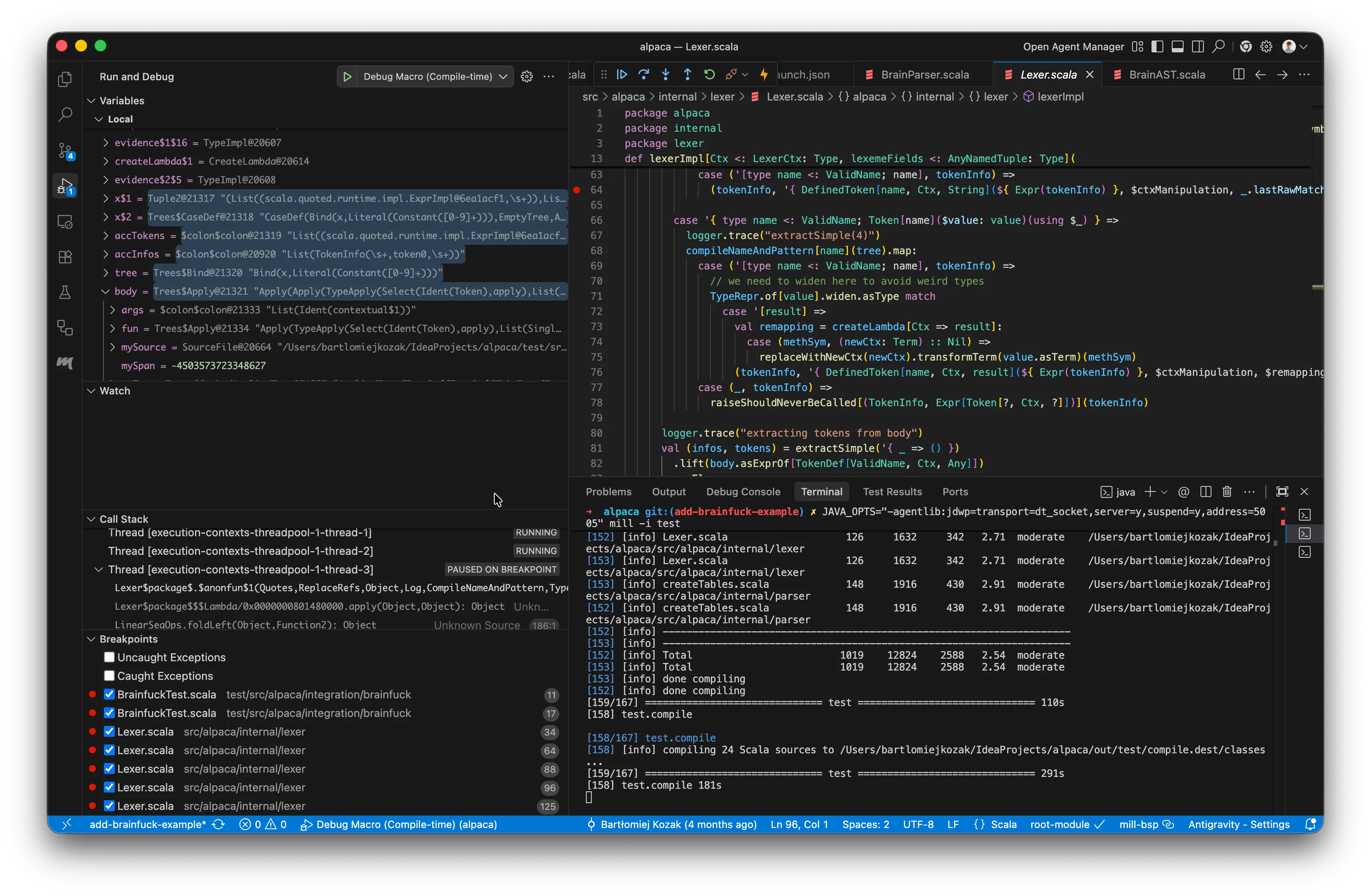 VS Code attached to the Scala compiler, stopped on a breakpoint inside a macro implementation